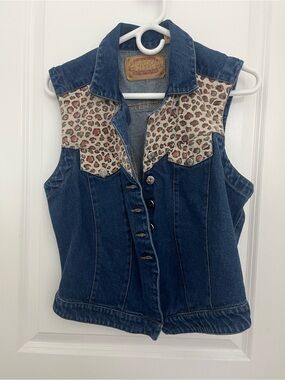 Leopard-Trim Dark Blue Denim Vest